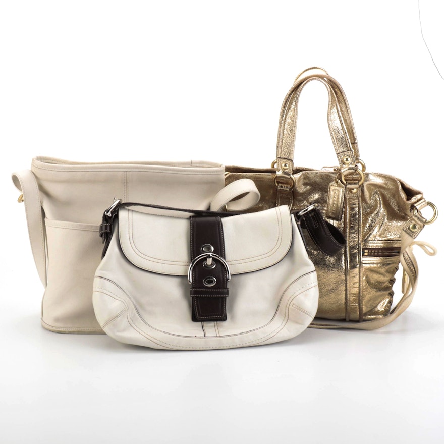 Coach Shoulder and Two-Way Bags in White, Off-White, and Gold Metallic Leather