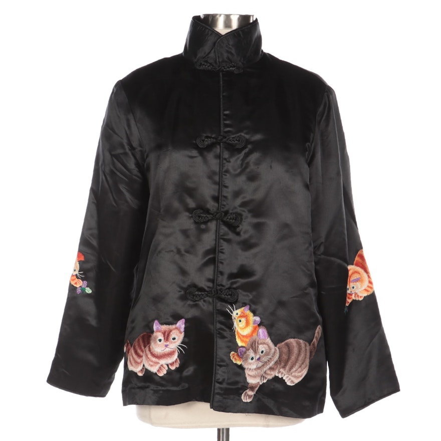 Cat Embroidered Black Satin Mandarin Collar Jacket