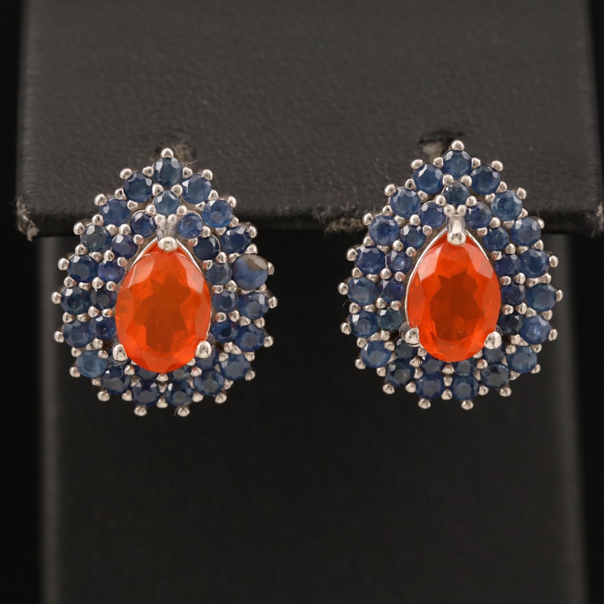 Sterling Fire Opal and Sapphire Earrings