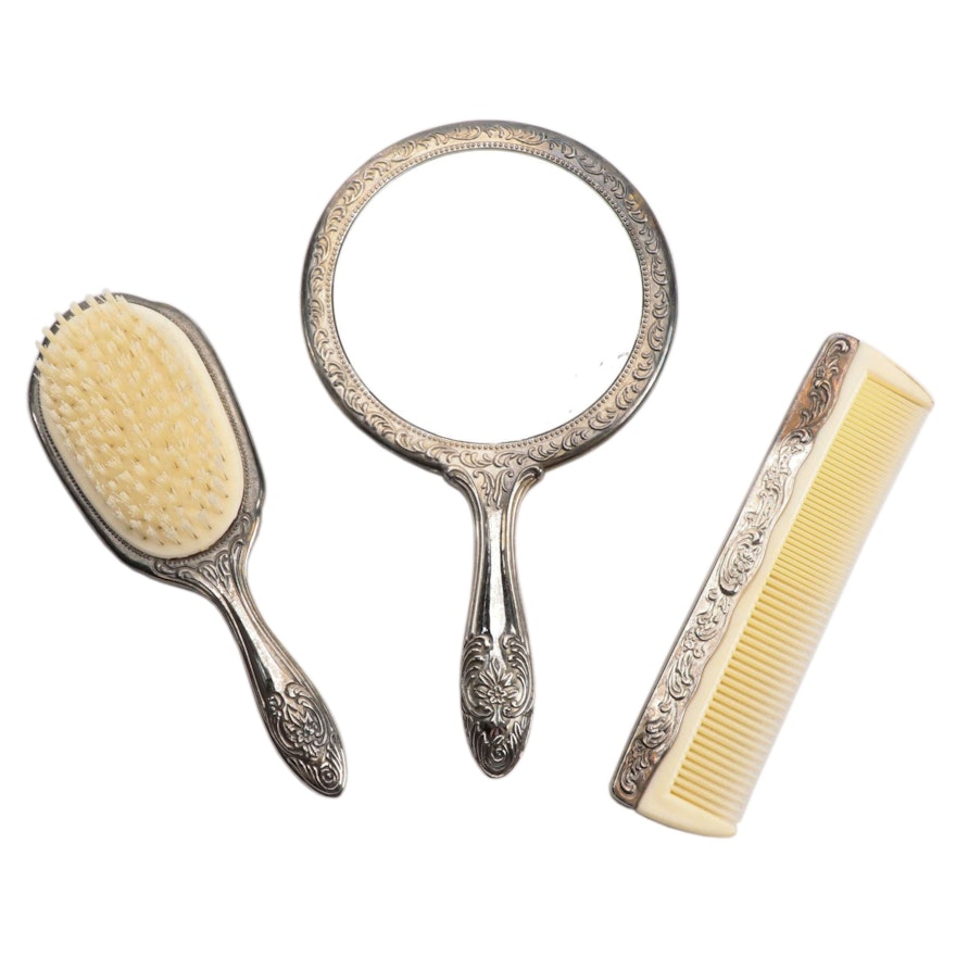 Silver Plate Handheld Mirror, Brush and Comb, Mid to Late 20th Century