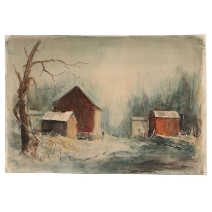 James Ashcroft Winter Landscape Watercolor Painting, 1962