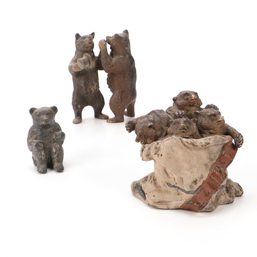 Grizzly Bear Brass Figurines and Painted Brass Inkwell, Antique