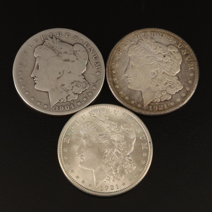 1904-S, 1921, 1921-S Morgan Silver Dollars