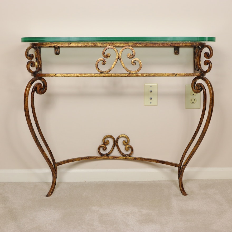 Gilt Finish Wrought Metal Hall Table with Glass Top
