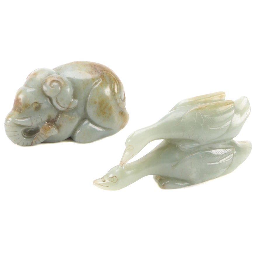 Chinese Hand-Carved Nephrite Birds and Elephant Figurines