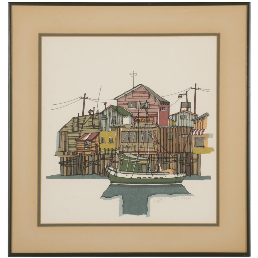 William F. Stone Color Lithograph "Wharfside," Circa 1976