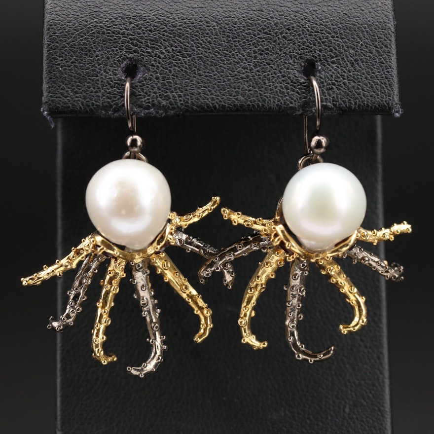 Sterling Octopus Earrings with Pearl and Garnet