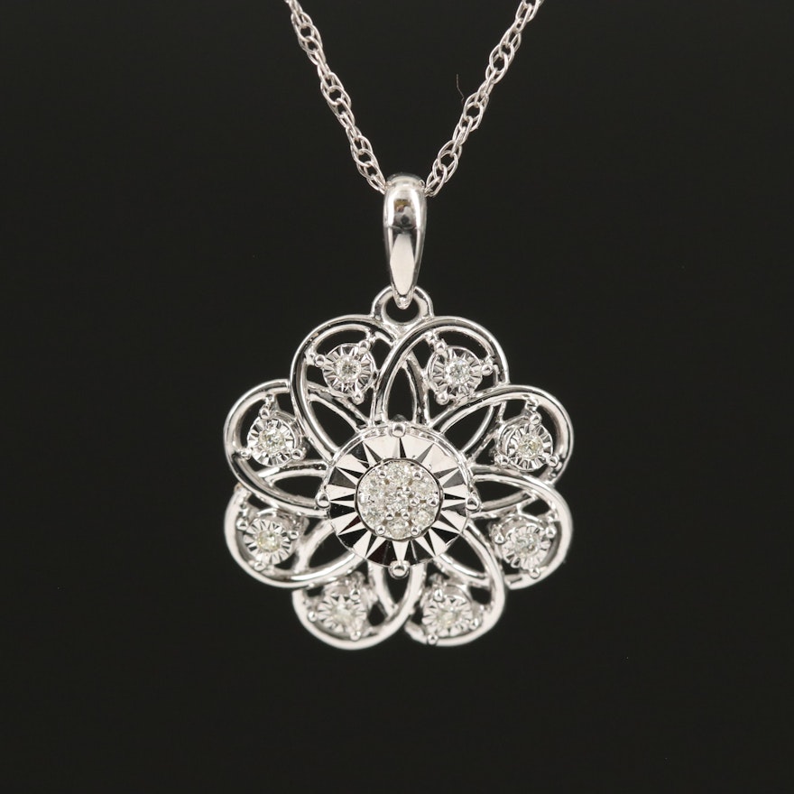 10K 0.05 CTW Diamond Flower Pendant Necklace