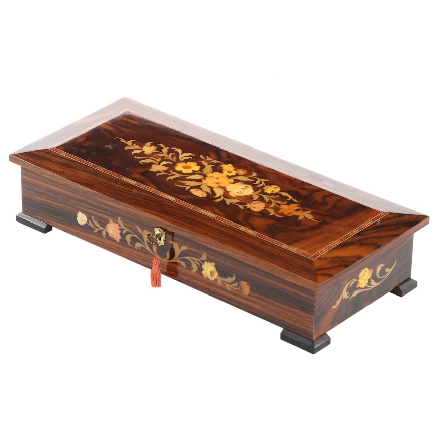 Reuge Marquetry Inlay  Wooden Music Jewelry Box, Late 20th Century