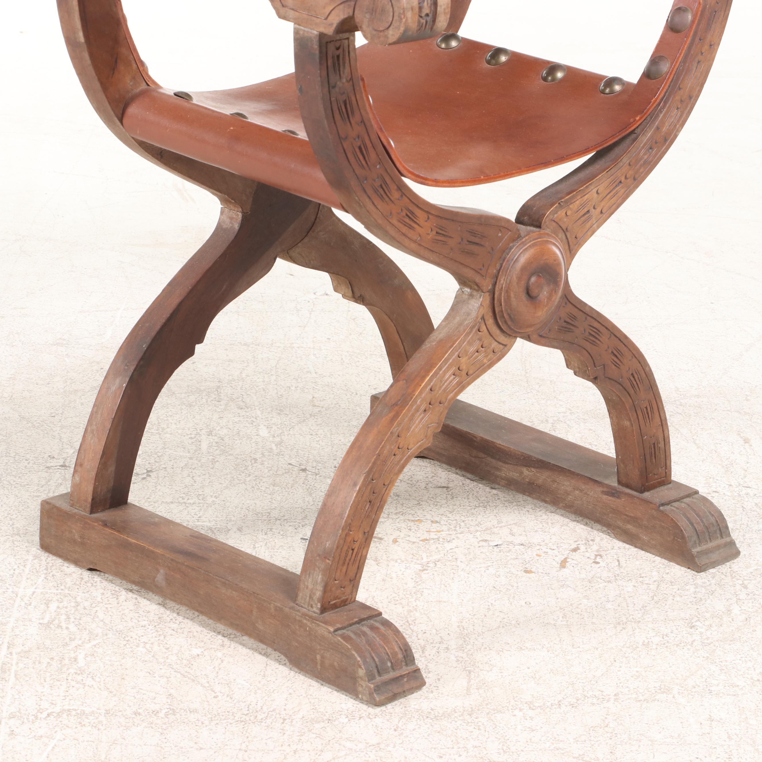 Spanish Renaissance Style Oak and Leather Curule Chair, Mid-20th Century