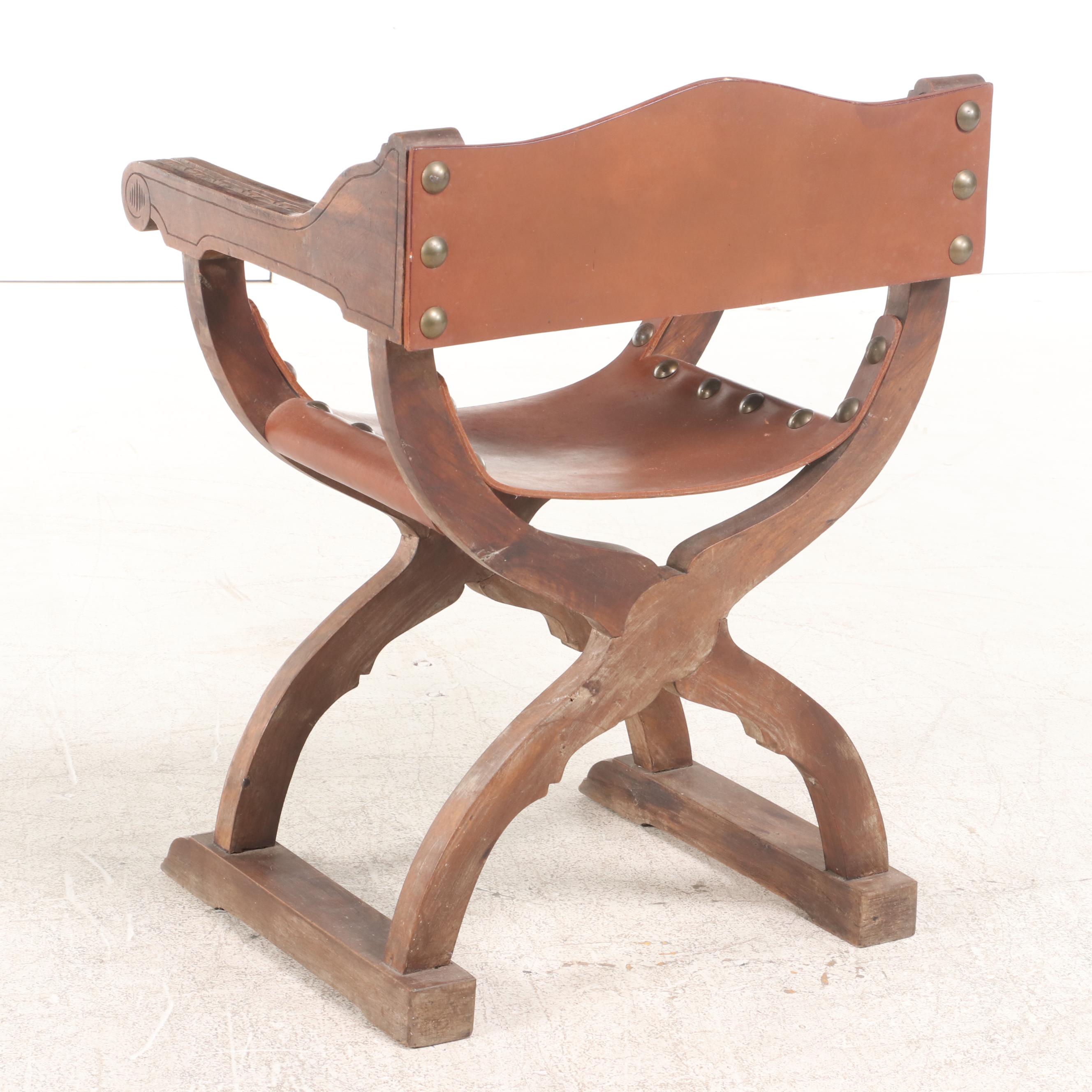 Spanish Renaissance Style Oak and Leather Curule Chair, Mid-20th Century