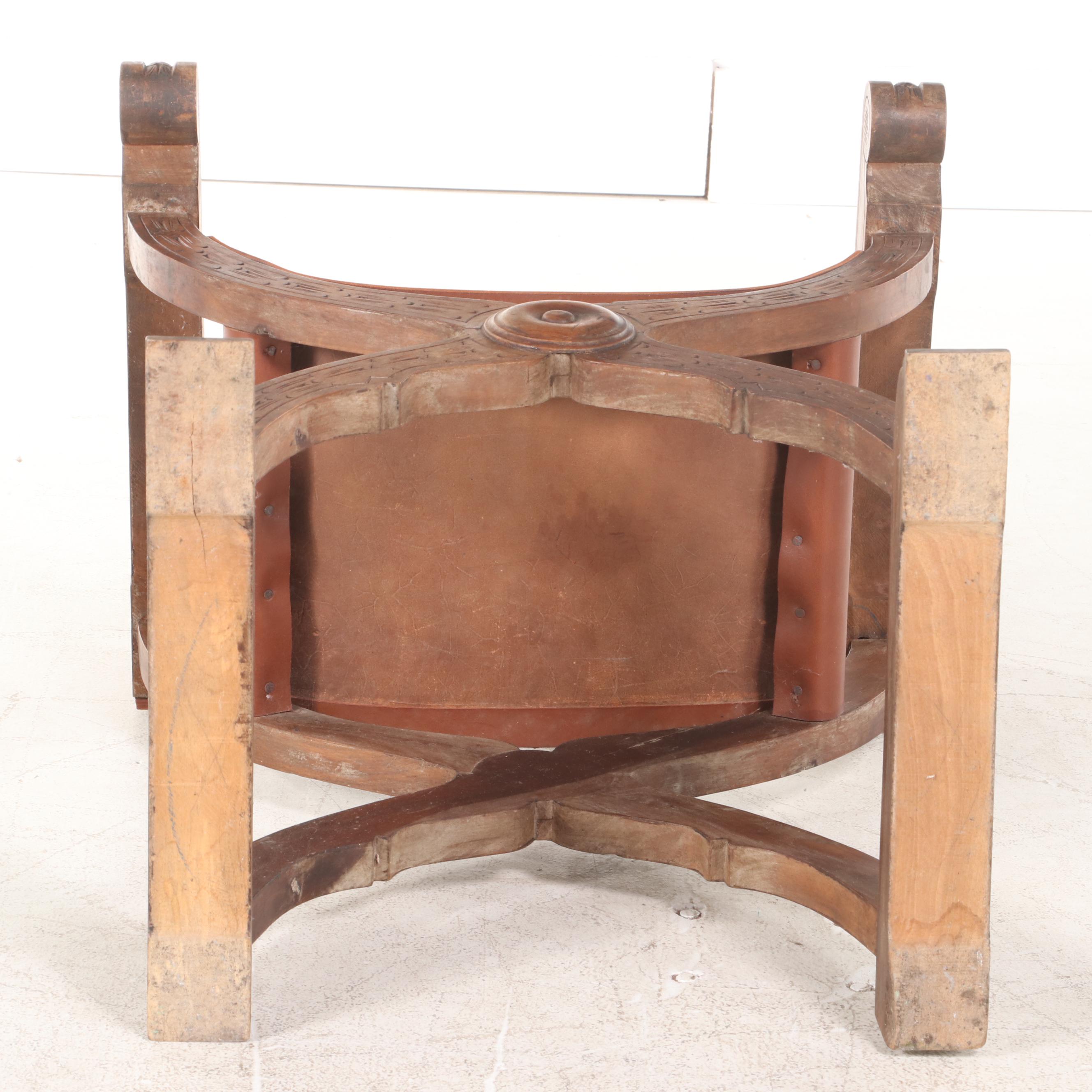 Spanish Renaissance Style Oak and Leather Curule Chair, Mid-20th Century