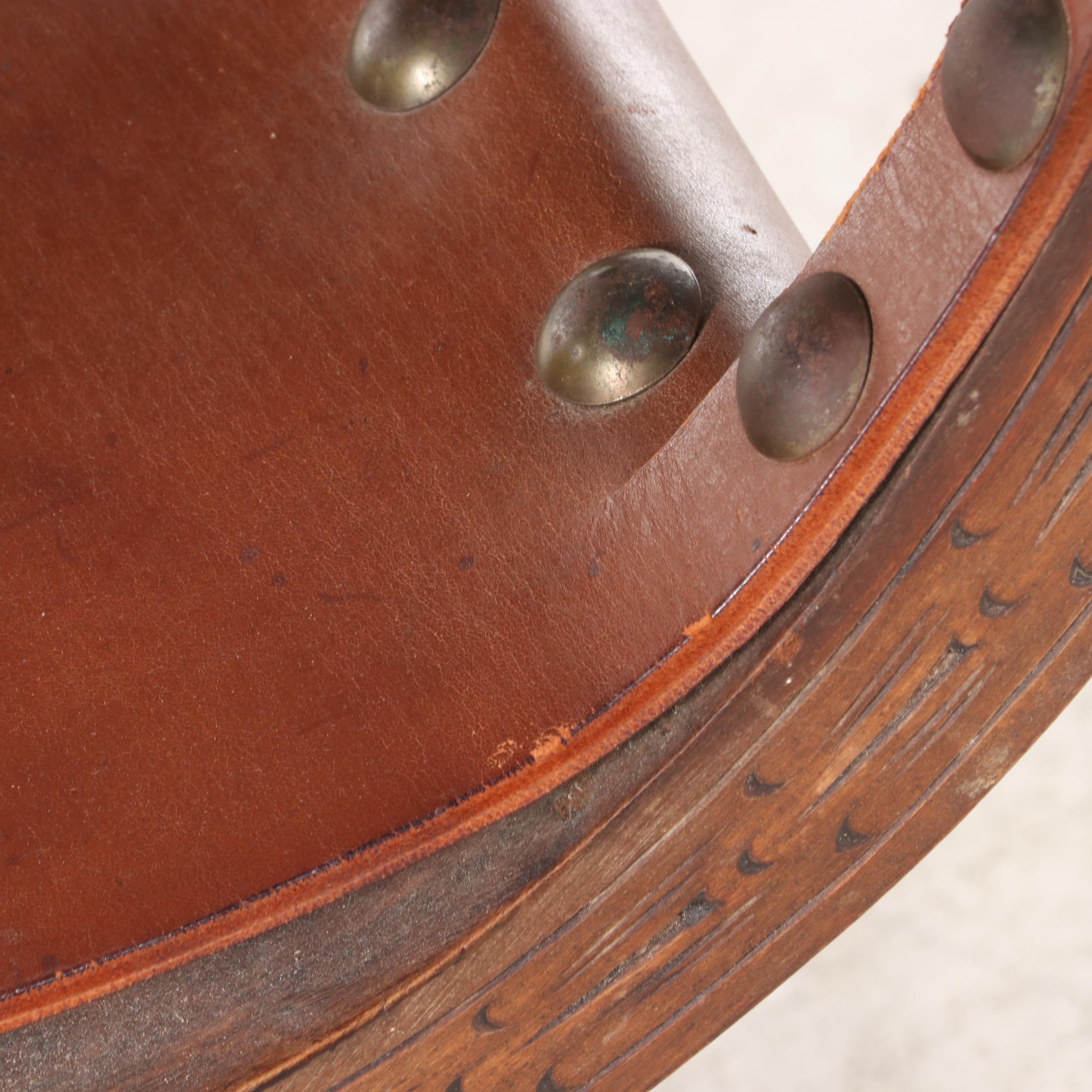Spanish Renaissance Style Oak and Leather Curule Chair, Mid-20th Century
