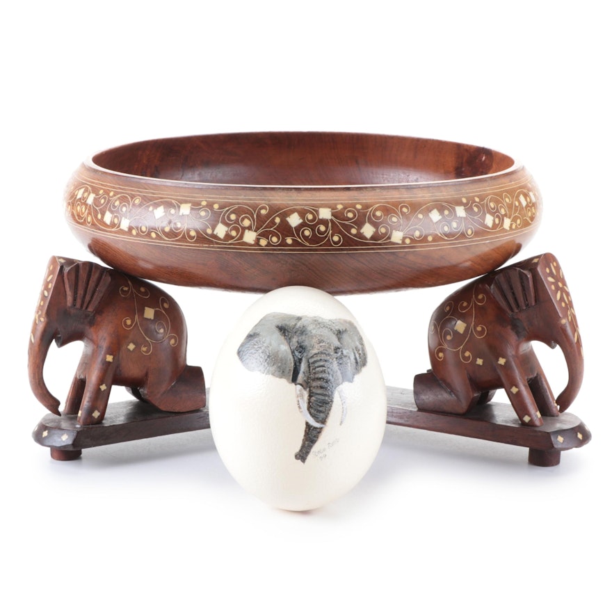 Bone Inlaid Carved Wood Elephant Centerpiece Bowl with Hand-Painted Ostrich Egg