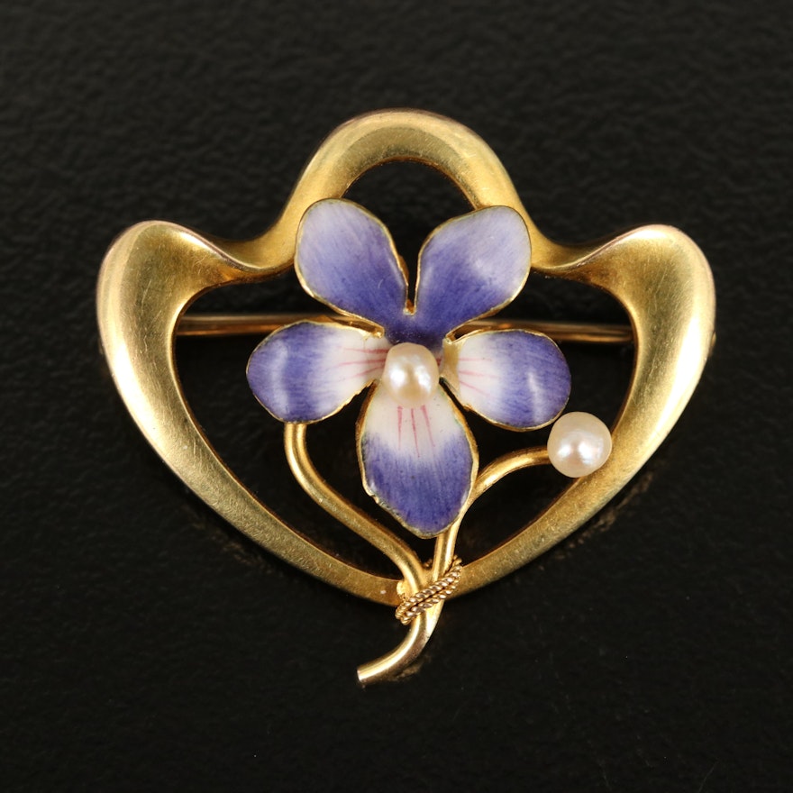 Art Nouveau Krementz 14K Seed Pearl Pansy Brooch