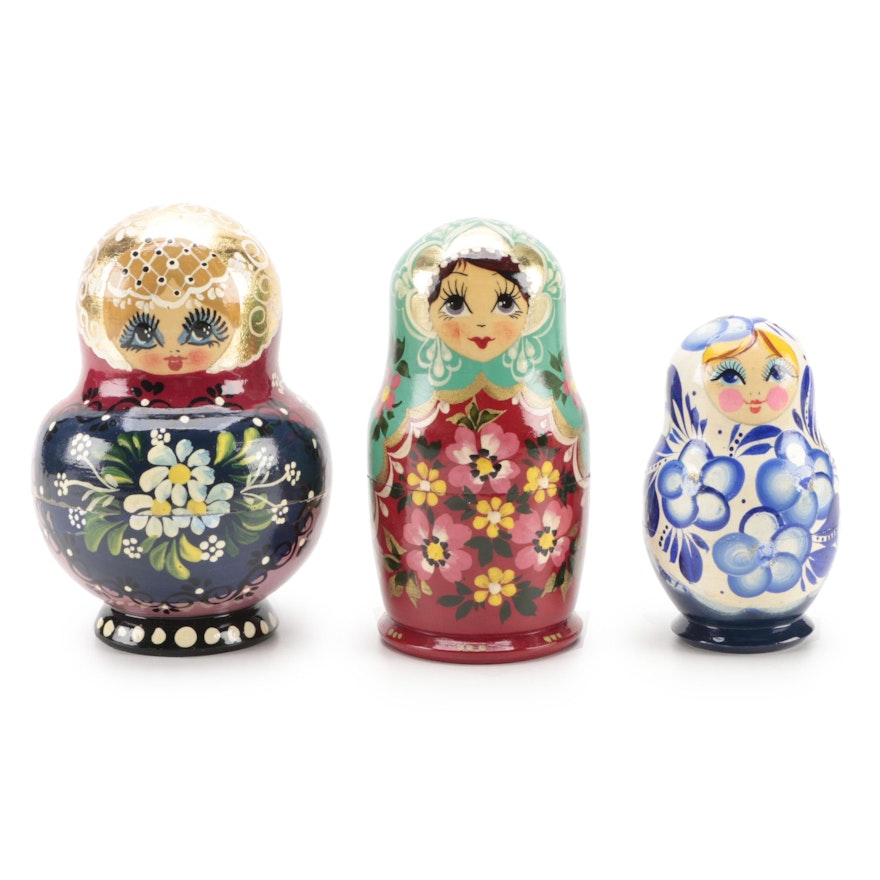 Three Sets of Hand-Painted Russian Matryoshka Nesting Dolls