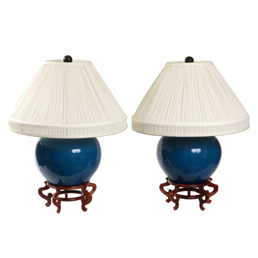 Pair of Cerulean Blue Porcelain Melon Jar Shaped Lamps
