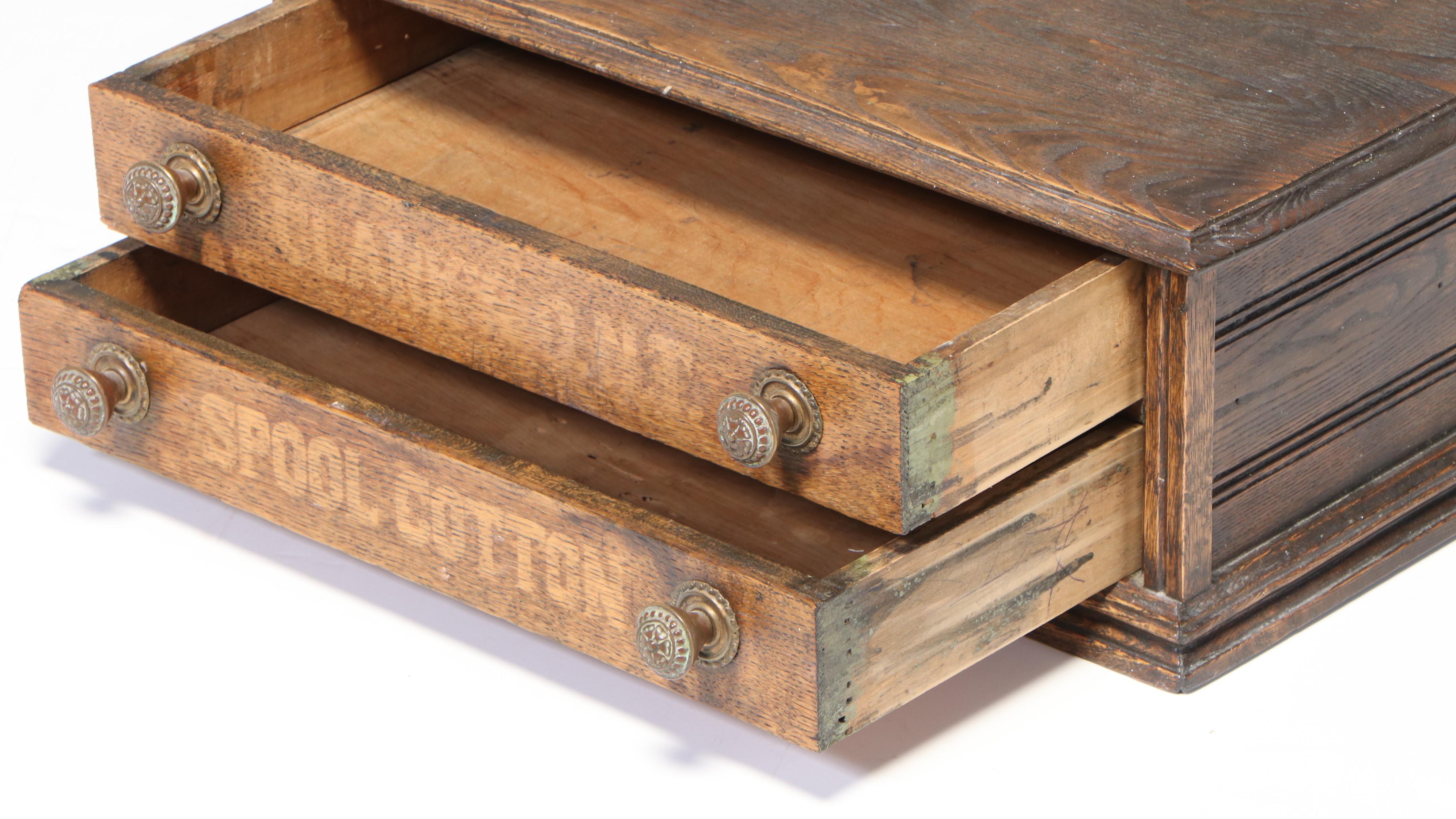 Clark's O.N.T Oak Two-Drawer Countertop Spool Cabinet, Mid to Late 19th Century