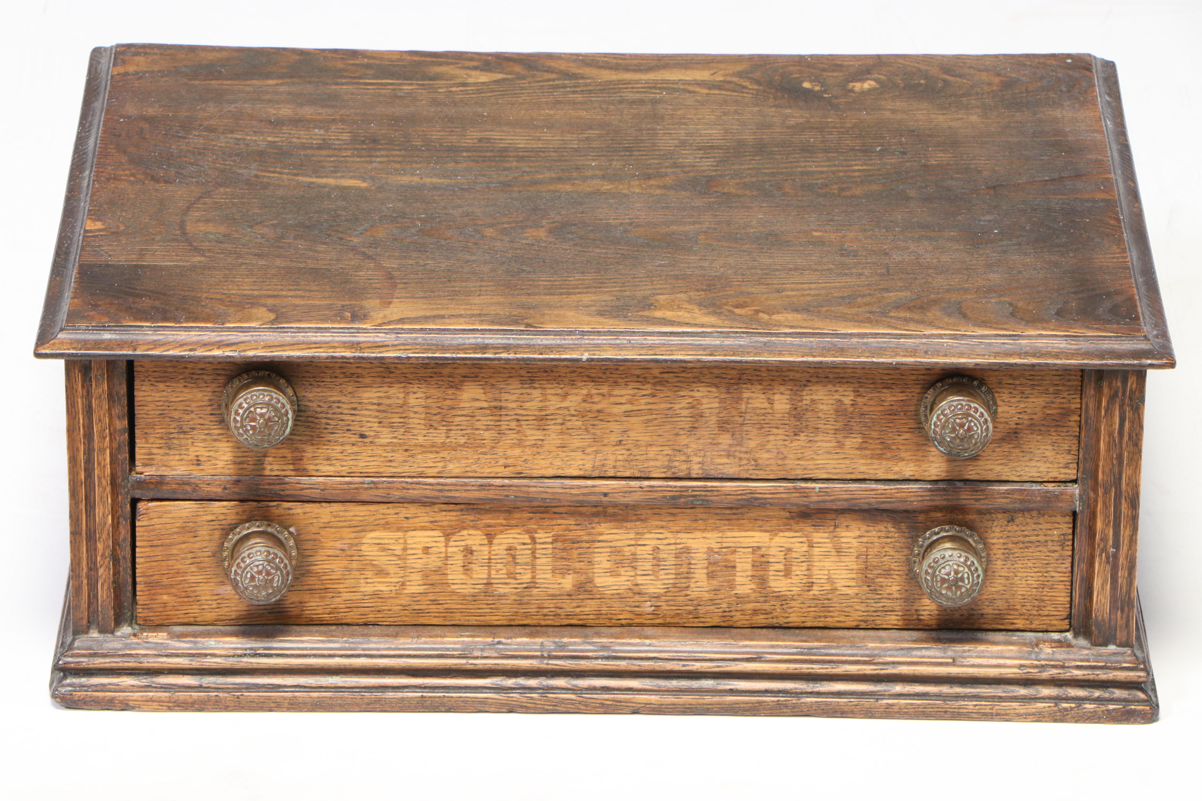Clark's O.N.T Oak Two-Drawer Countertop Spool Cabinet, Mid to Late 19th Century