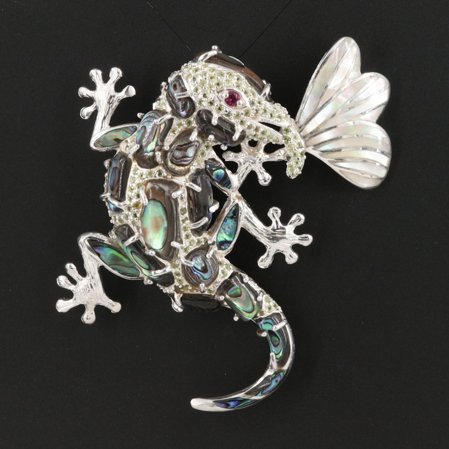 Sterling Gecko and Insect Abalone, Mother of Pearl and Garnet Converter Brooch