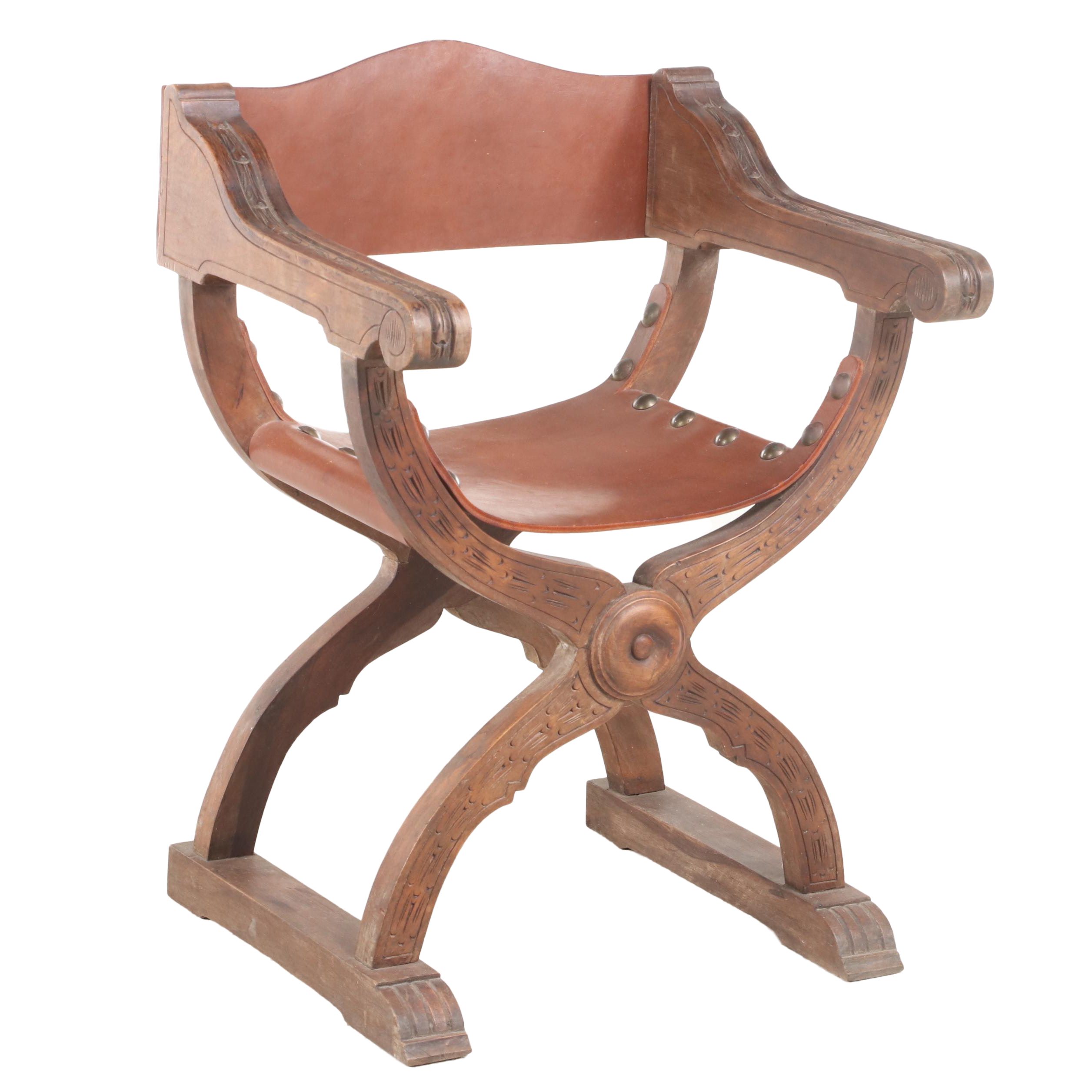 Spanish Renaissance Style Oak and Leather Curule Chair, Mid-20th Century