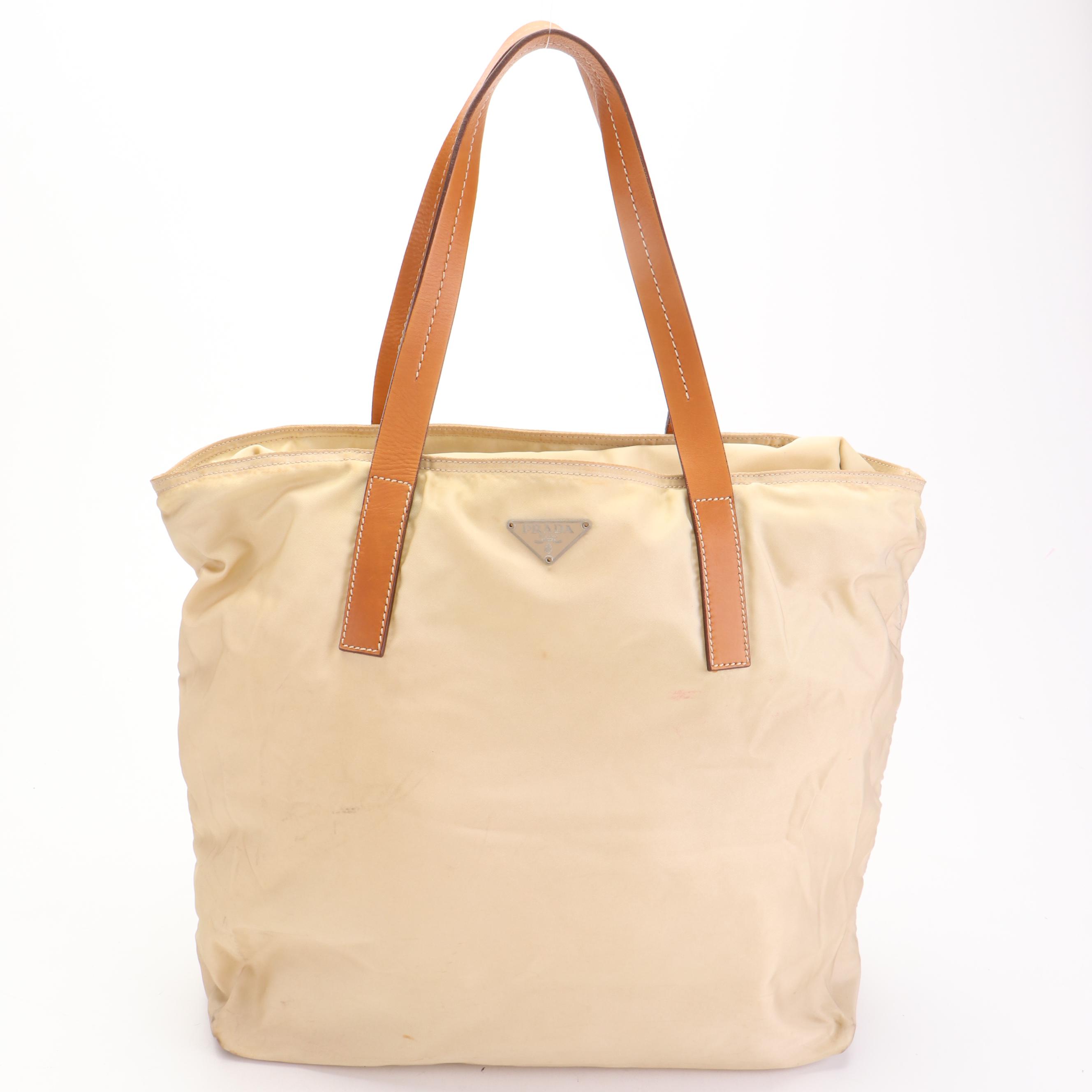 Prada Tessuto Tote in Beige Nylon and Leather Trim