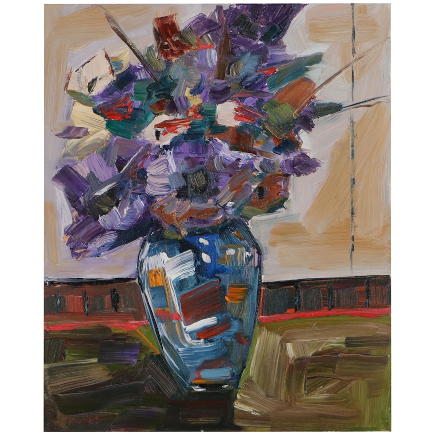 Patricia Nolan Brown Oil "Mixed Flowers in Vase," 2021