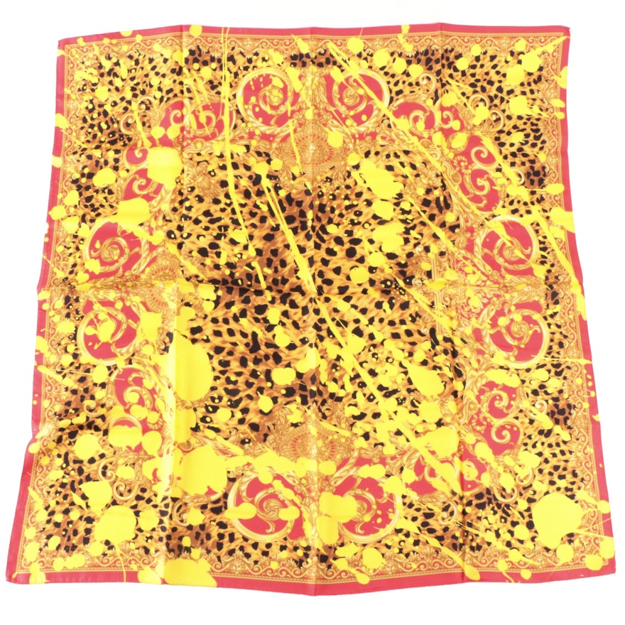 Versace Collection Baroque and Leopard Print Silk Scarf