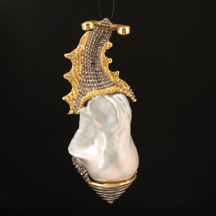 Sterling Pearl and Rhodolite Garnet Snail Pendant