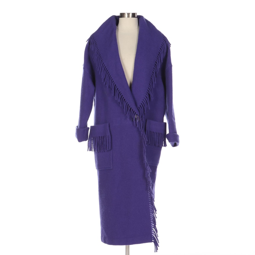 Gallery Purple Wool Fringe Shawl Collar Coat, 1980s