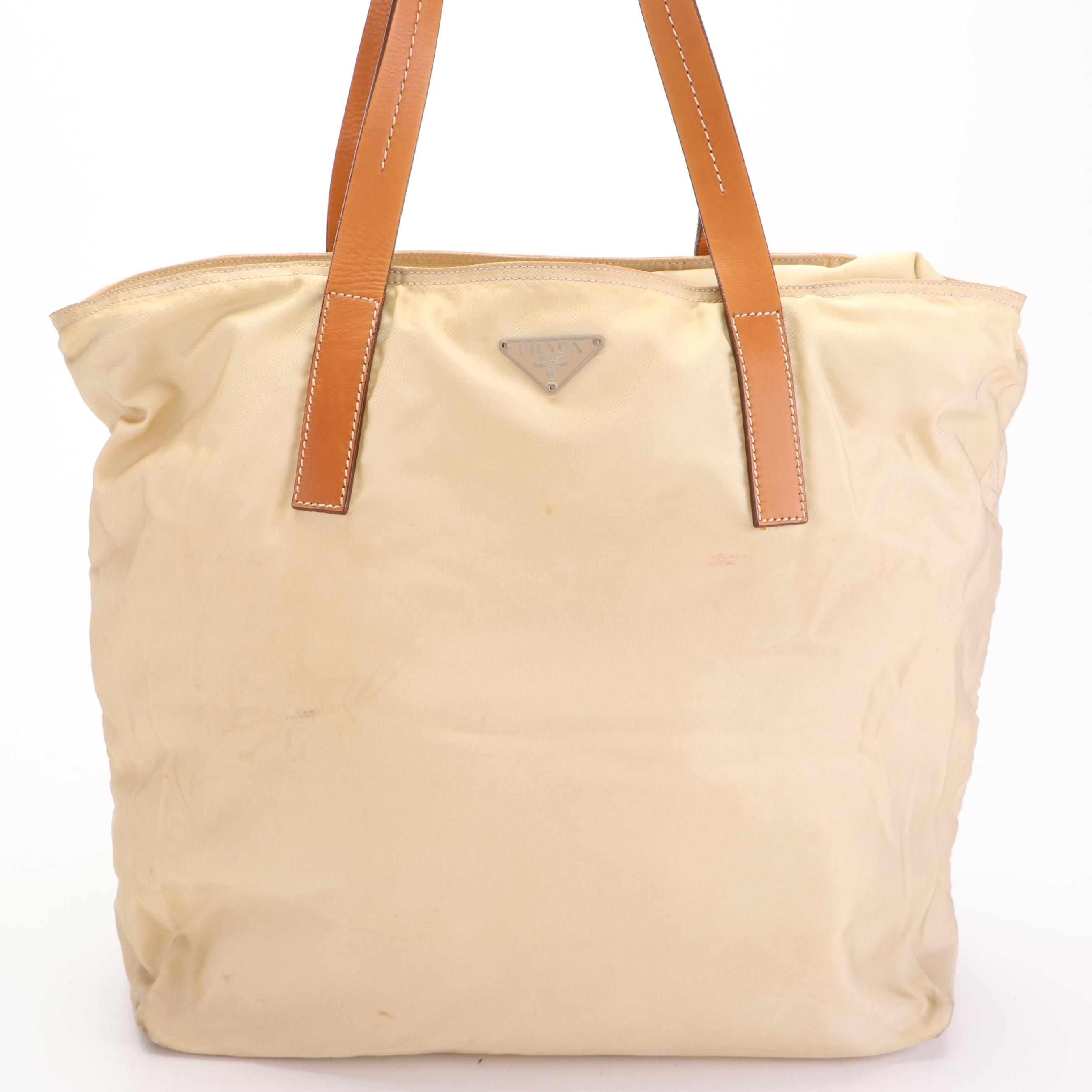 Prada Tessuto Tote in Beige Nylon and Leather Trim