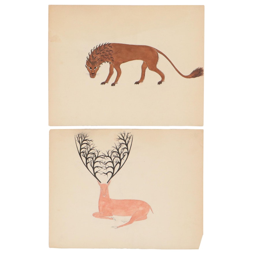 Beatriz Vidal Abstract Ink Illustrations of Animals, Late 20th Century