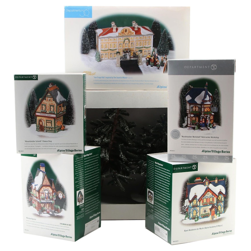 Department 56 "Alpine Village" Porcelain Building Figurines and Hemlock Trees