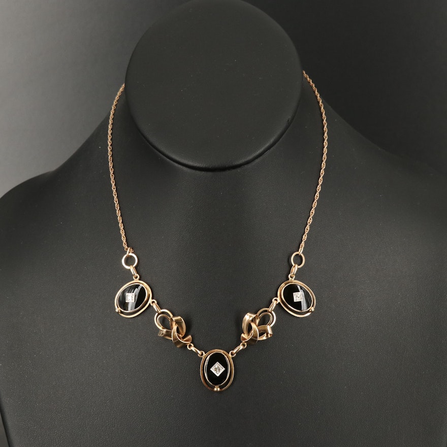 1930s Carl-Art 14K Diamond and Black Onyx Necklace with Palladium Accents