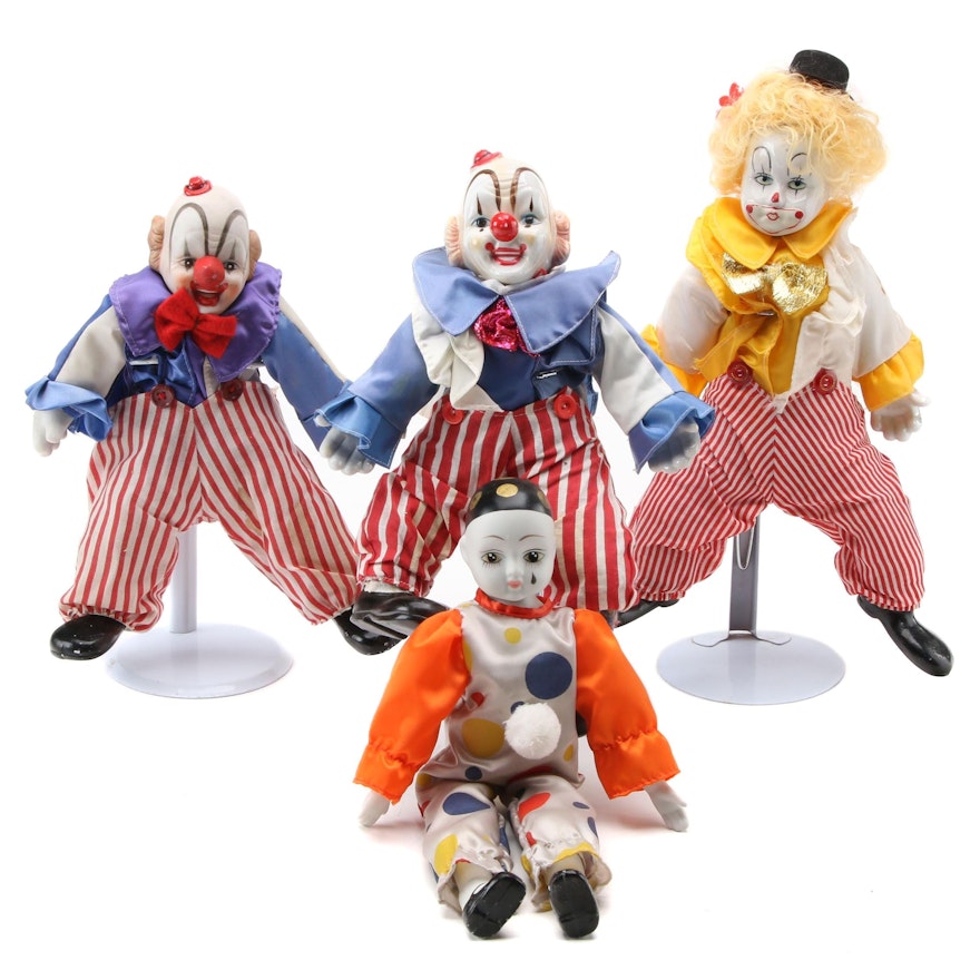 Bisque and Porcelain Soft Body Clown Dolls