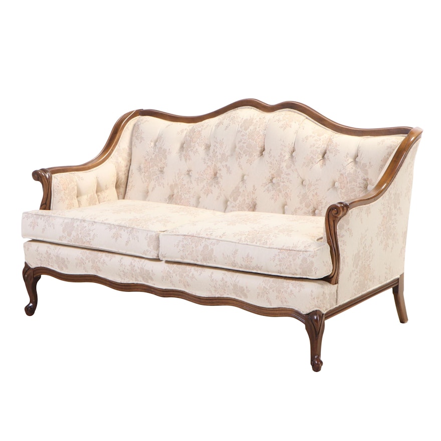 French Provincial Style Cherrywood and Buttoned-Down Loveseat, Late 20th Century