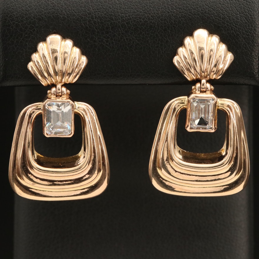 14K Italian Gold Cubic Zirconia Fluted Door Knocker Earrings