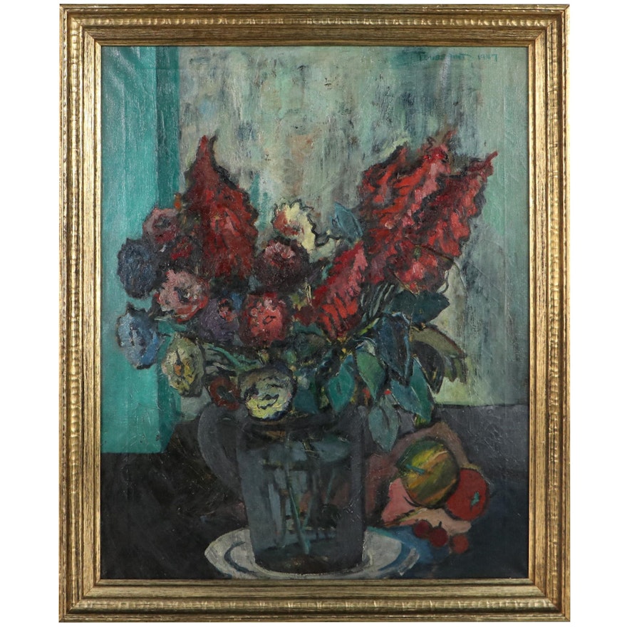 Modernist Floral Still Life Oil Painting, 1947