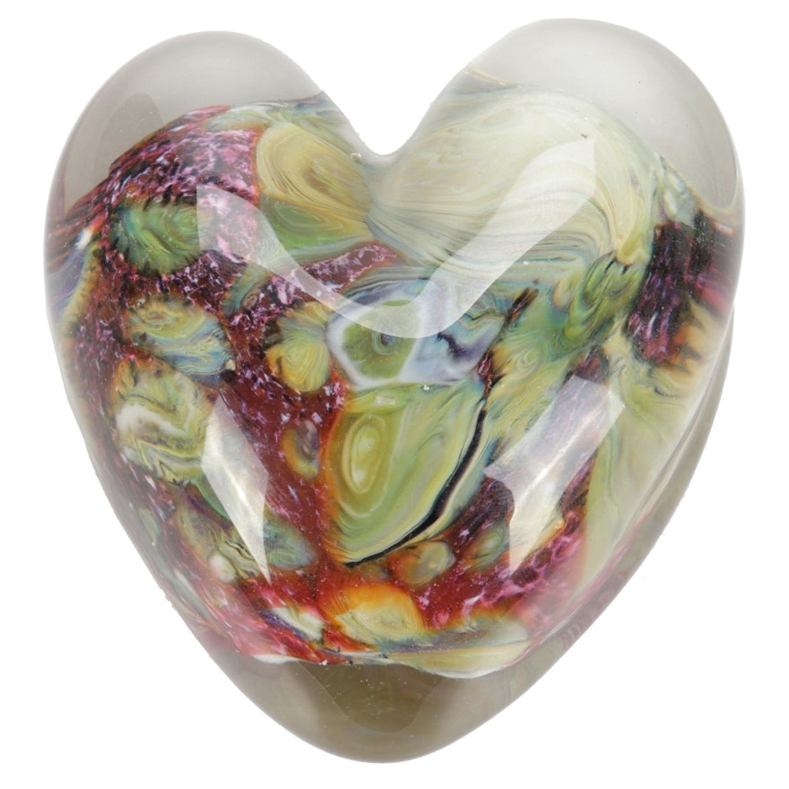 Robert Eickholt "Agate" Handblown Art Glass Heart Paperweight, 2004