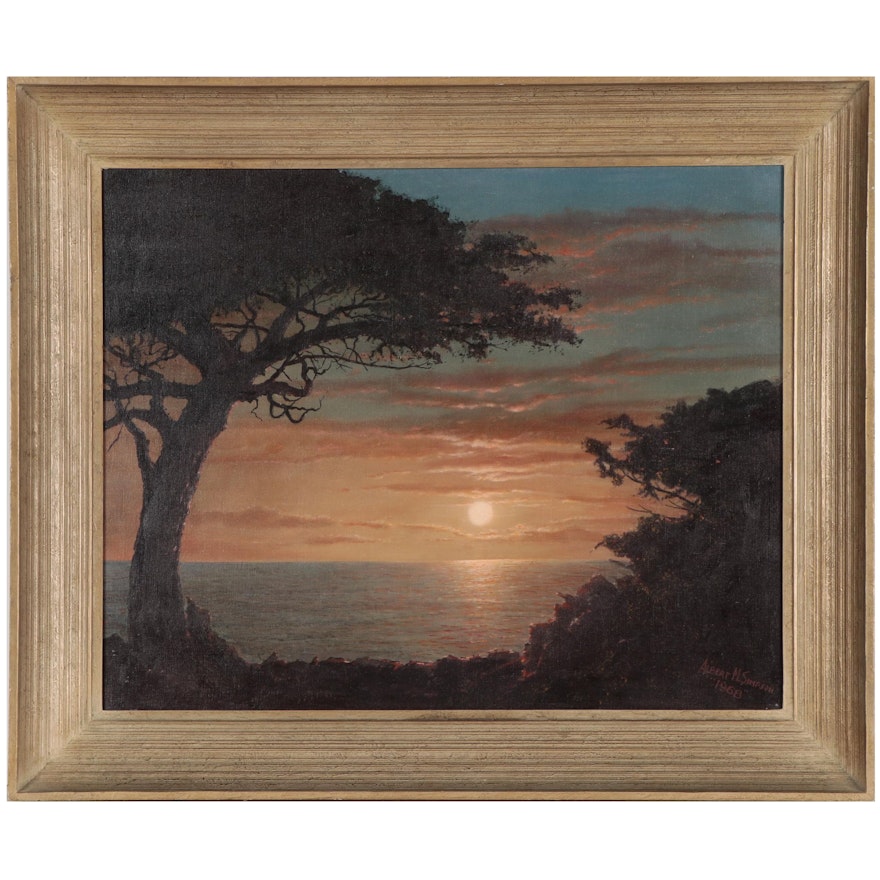 Albert Simpson Coastal Sunset Landscape Oil Painting, 1968