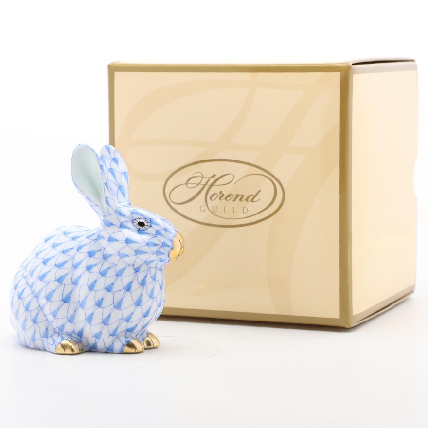 Herend Blue Fishnet with Gold "Chubby Bunny" Porcelain Figurine, 2006