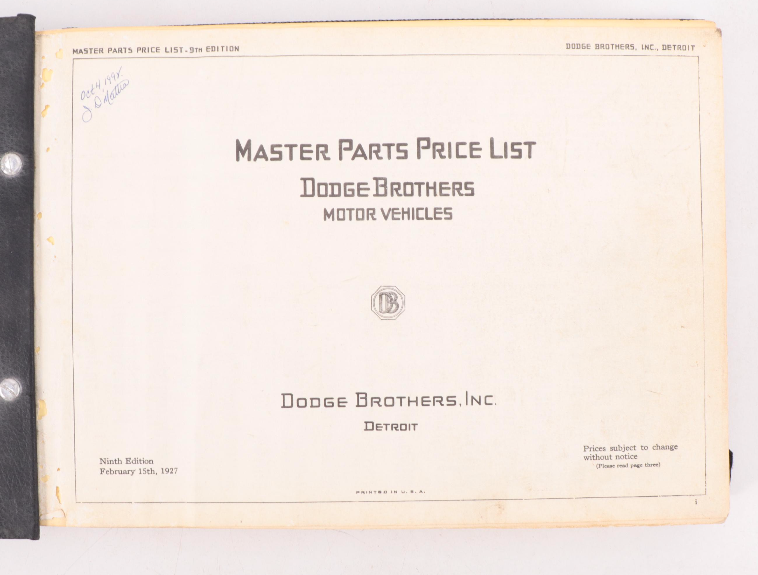 Dodge Brothers Inc. "Master Parts Price List" Ninth Edition, 1927