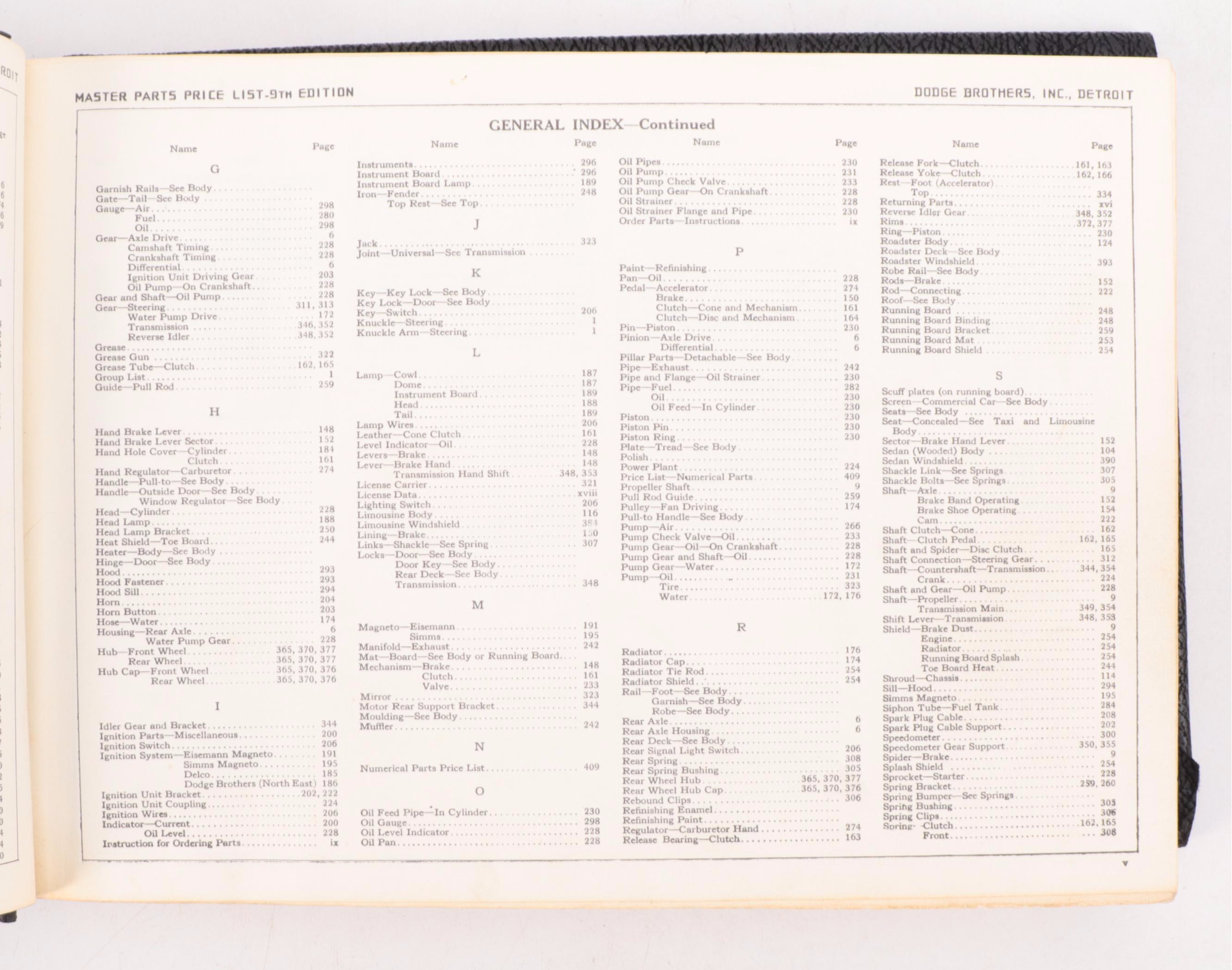 Dodge Brothers Inc. "Master Parts Price List" Ninth Edition, 1927
