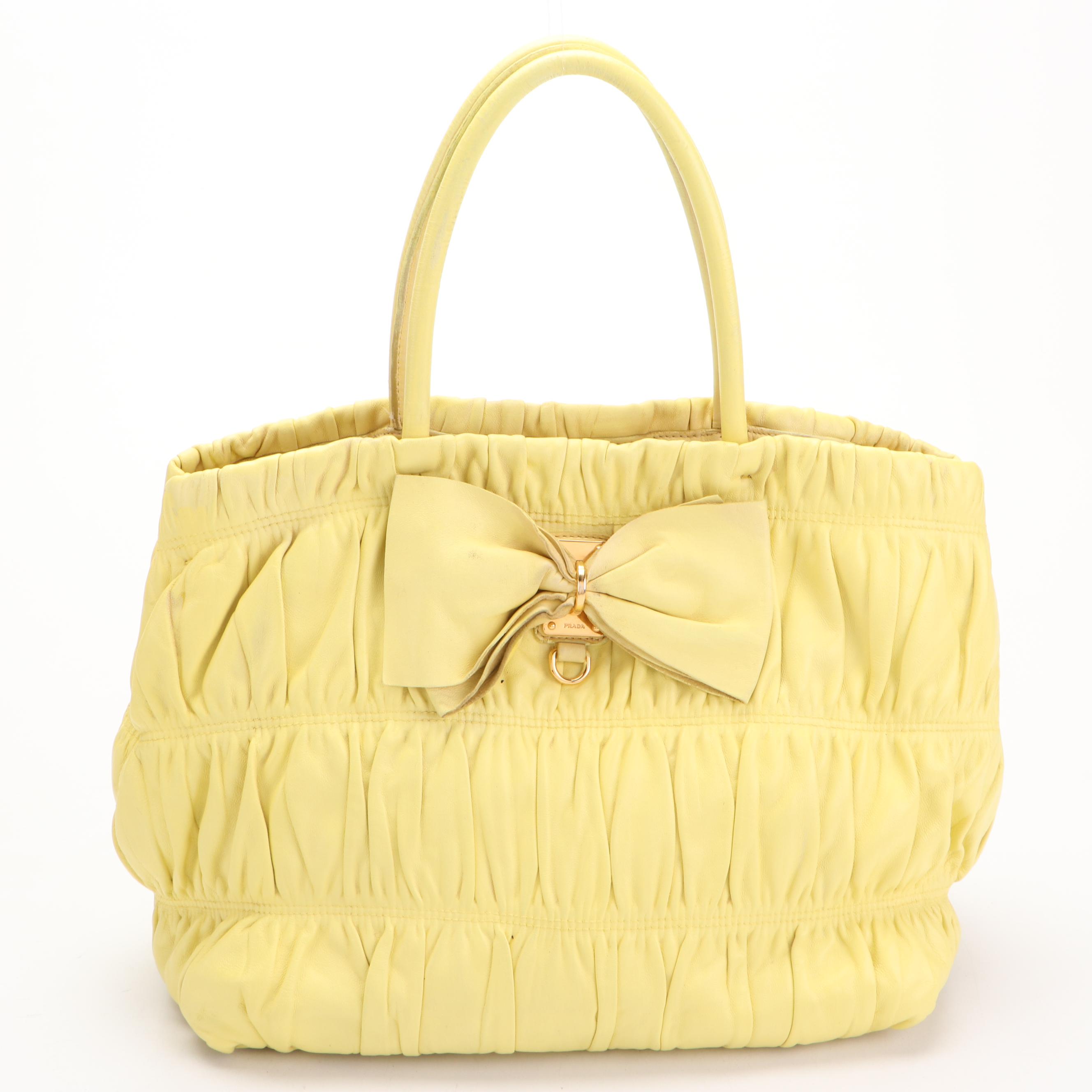 Prada Ruched Bow Bag in Polline Nappa Gaufre Leather