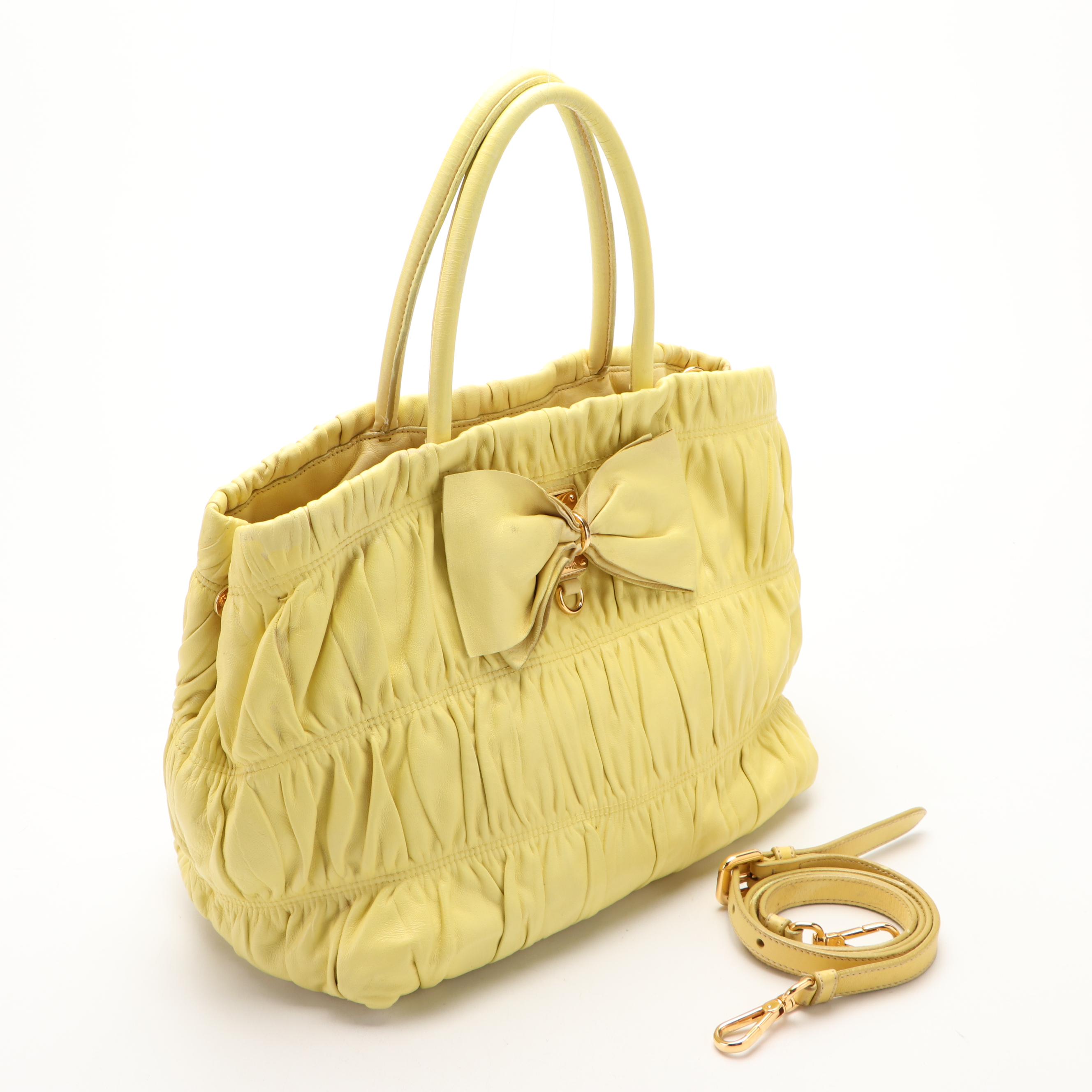 Prada Ruched Bow Bag in Polline Nappa Gaufre Leather
