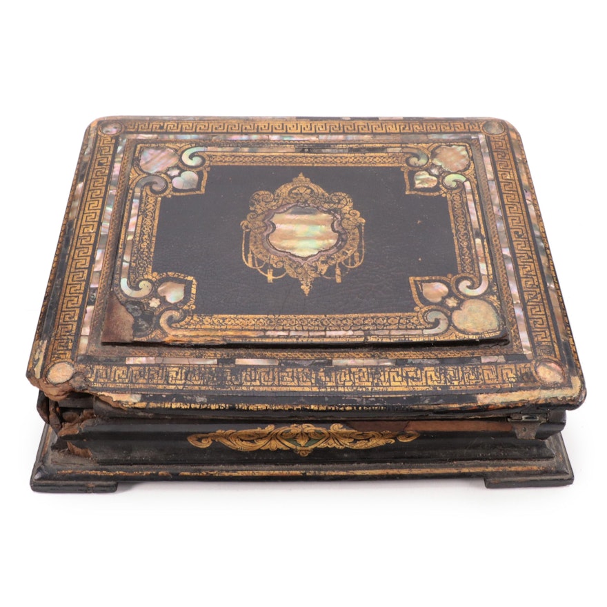 Victorian Lacquered Papier-Mâché Lap Desk with Gilt Accents and Abalone Inlay