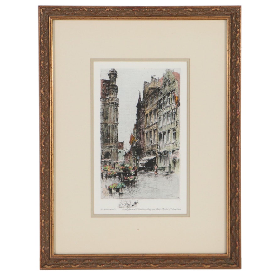 Paul Geissler Hand-Colored Etching of Brussels Street Scene