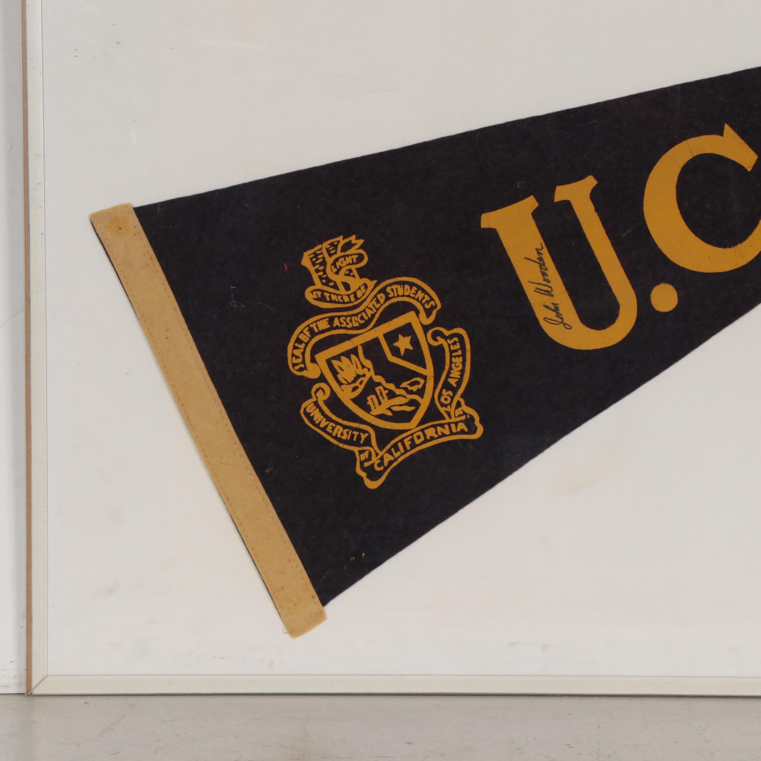 John Wooden Signed UCLA Pennant in Frame
