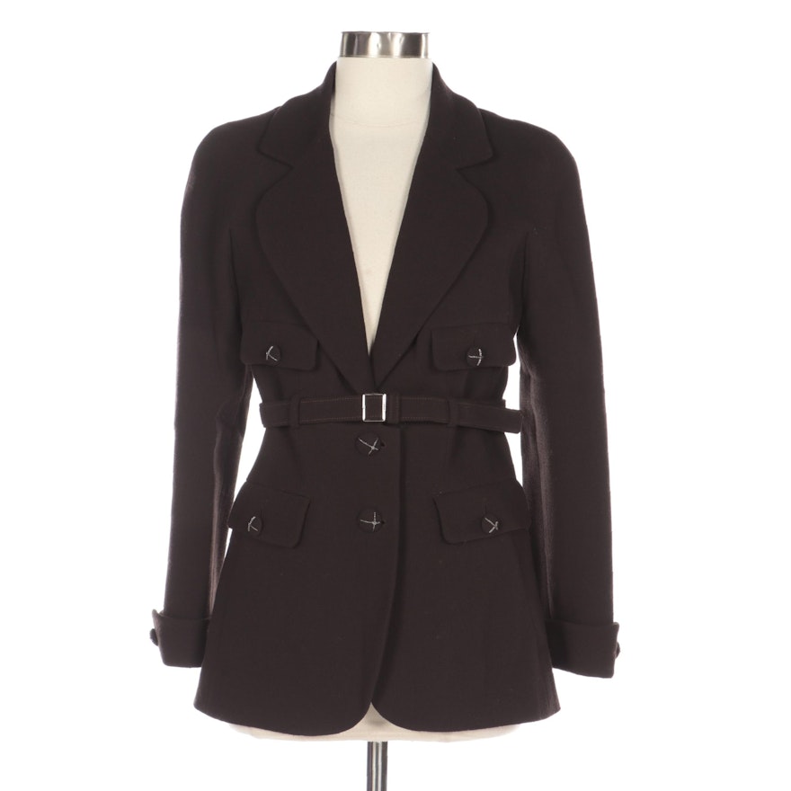 Chanel Belted Dark Brown Wool Jacket with Chain Trim CC Buttons
