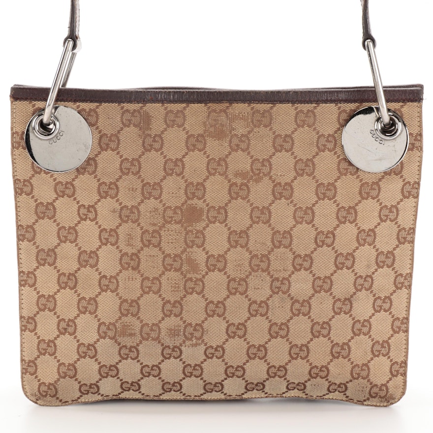 Gucci Shoulder Bag in GG Canvas with Brown Leather Trim
